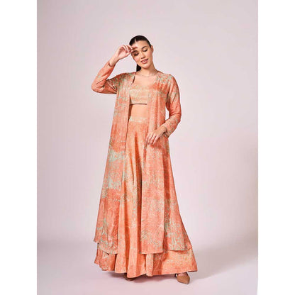 KOSWI Peach Apricot Abstract Print Lehenga with Blouse and Jacket (Set of 3)