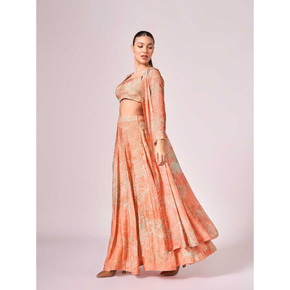 KOSWI Peach Apricot Abstract Print Lehenga with Blouse and Jacket (Set of 3)