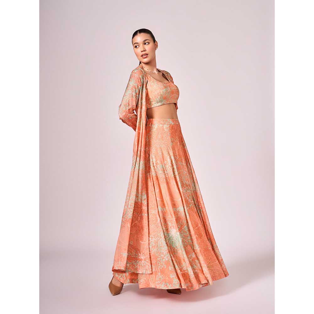 KOSWI Peach Apricot Abstract Print Lehenga with Blouse and Jacket (Set of 3)