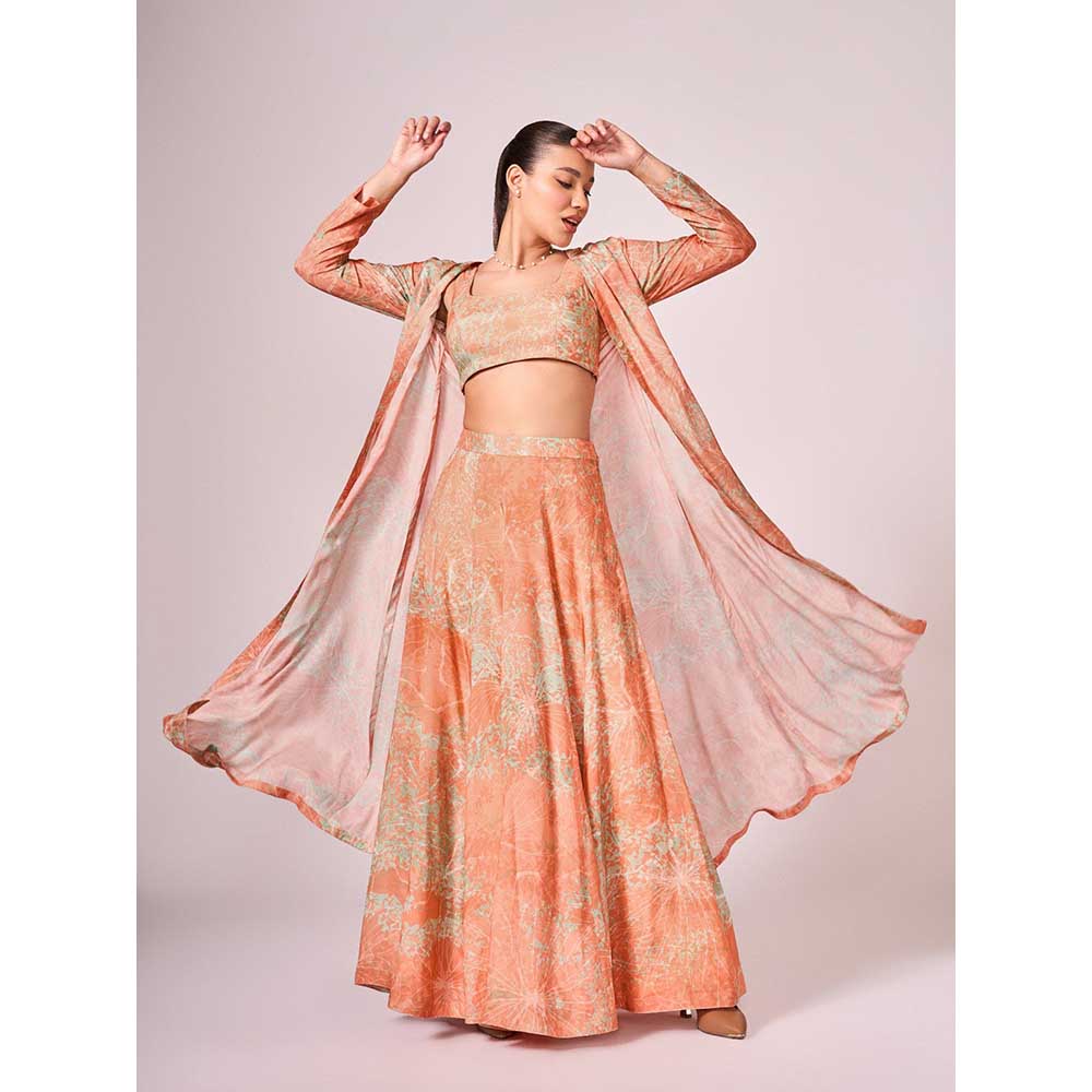KOSWI Peach Apricot Abstract Print Lehenga with Blouse and Jacket (Set of 3)