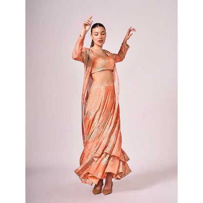 KOSWI Peach Apricot Abstract Print Lehenga with Blouse and Jacket (Set of 3)