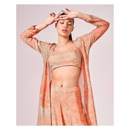 KOSWI Peach Apricot Abstract Print Lehenga with Blouse and Jacket (Set of 3)