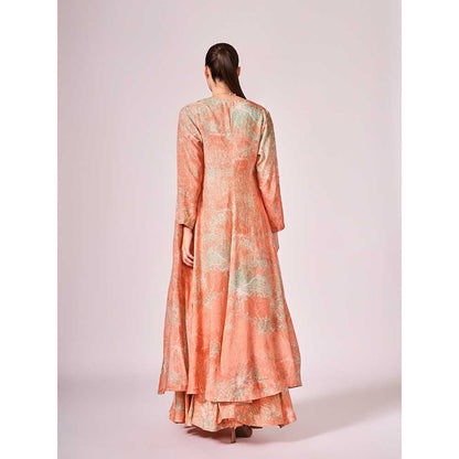 KOSWI Peach Apricot Abstract Print Lehenga with Blouse and Jacket (Set of 3)