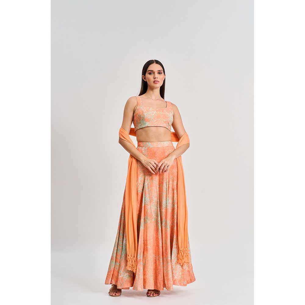 KOSWI Peach Apricot Floral Print Lehenga with Blouse and Dupatta (Set of 3)