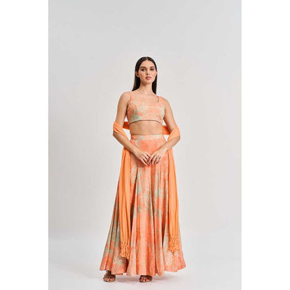 KOSWI Peach Apricot Floral Print Lehenga with Blouse and Dupatta (Set of 3)
