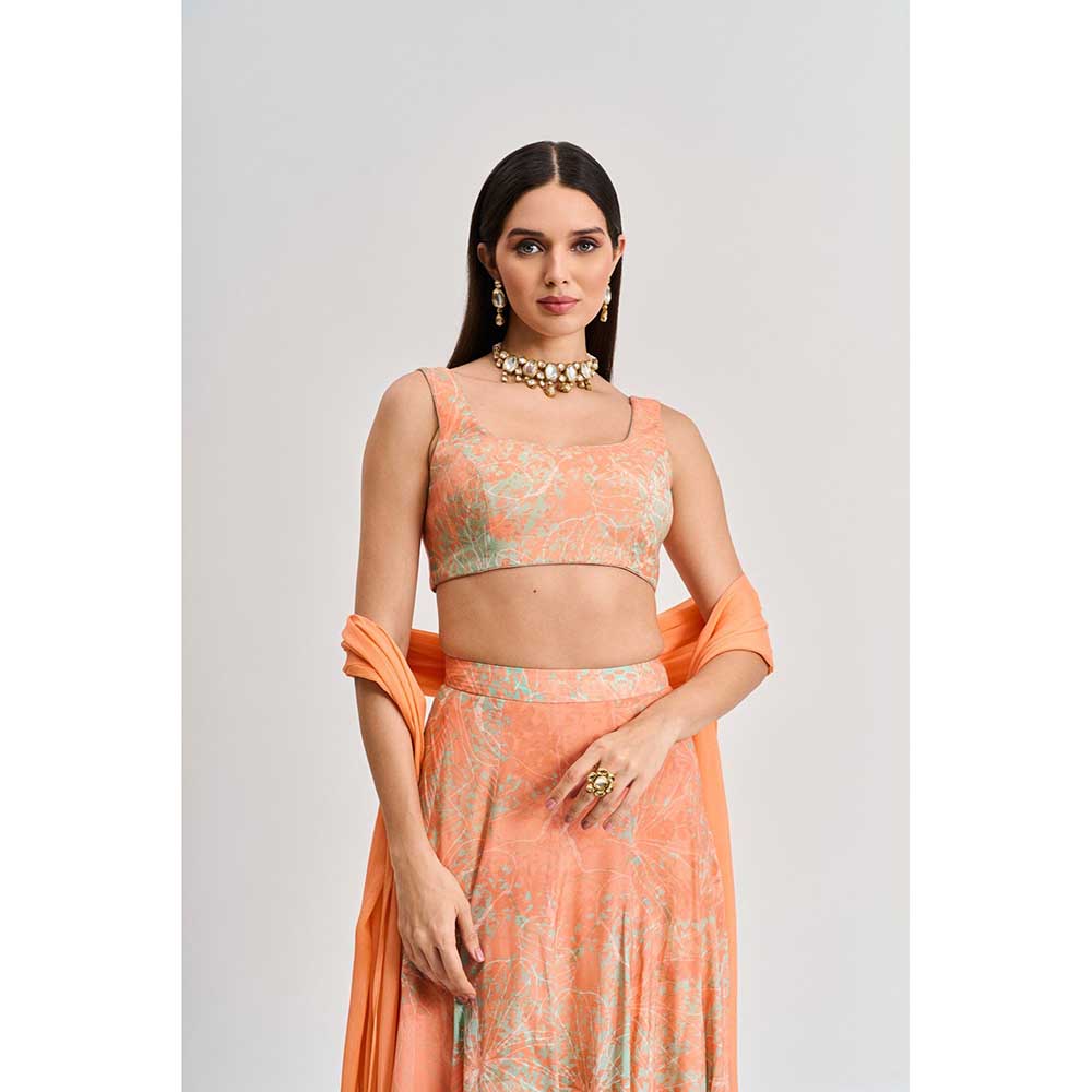 KOSWI Peach Apricot Floral Print Lehenga with Blouse and Dupatta (Set of 3)