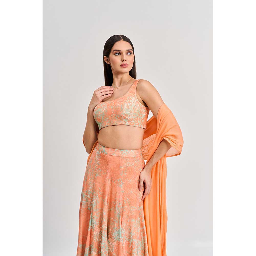 KOSWI Peach Apricot Floral Print Lehenga with Blouse and Dupatta (Set of 3)