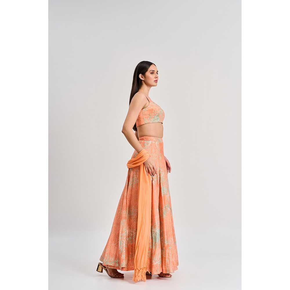 KOSWI Peach Apricot Floral Print Lehenga with Blouse and Dupatta (Set of 3)