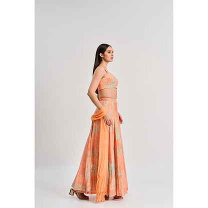 KOSWI Peach Apricot Floral Print Lehenga with Blouse and Dupatta (Set of 3)
