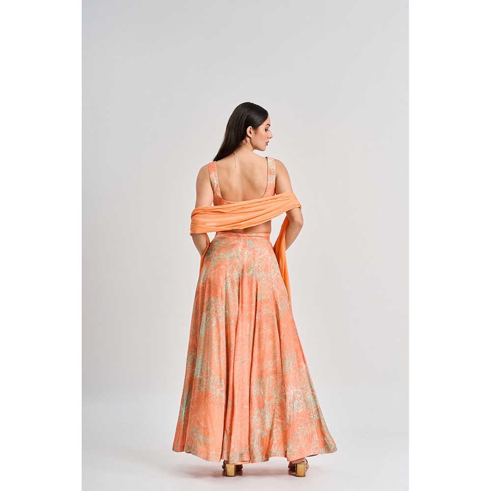 KOSWI Peach Apricot Floral Print Lehenga with Blouse and Dupatta (Set of 3)
