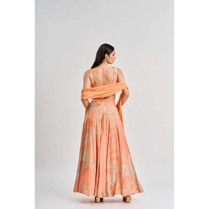 KOSWI Peach Apricot Floral Print Lehenga with Blouse and Dupatta (Set of 3)