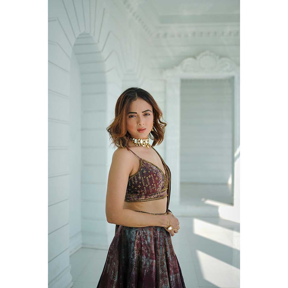 KOSWI Brown Print Embroidered Lehenga with Blouse and Dupatta (Set of 3)