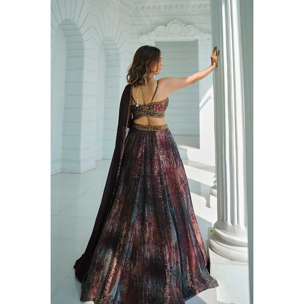 KOSWI Brown Print Embroidered Lehenga with Blouse and Dupatta (Set of 3)