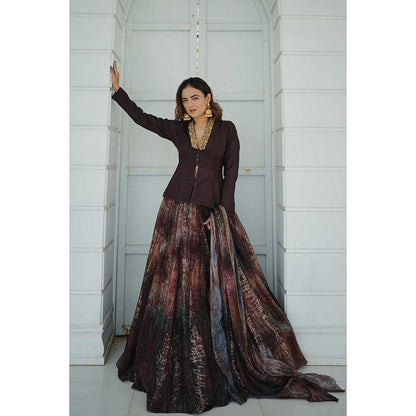 KOSWI Brown Print Embroidered Lehenga with Top and Dupatta (Set of 3)