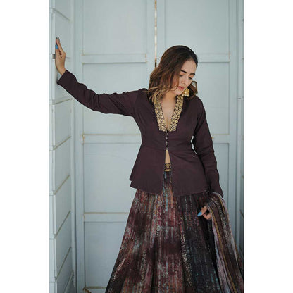 KOSWI Brown Print Embroidered Lehenga with Top and Dupatta (Set of 3)