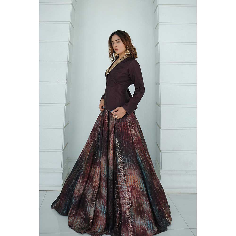 KOSWI Brown Print Embroidered Lehenga with Top and Dupatta (Set of 3)
