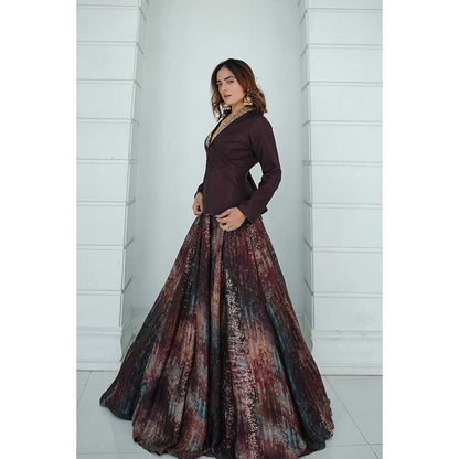 KOSWI Brown Print Embroidered Lehenga with Top and Dupatta (Set of 3)