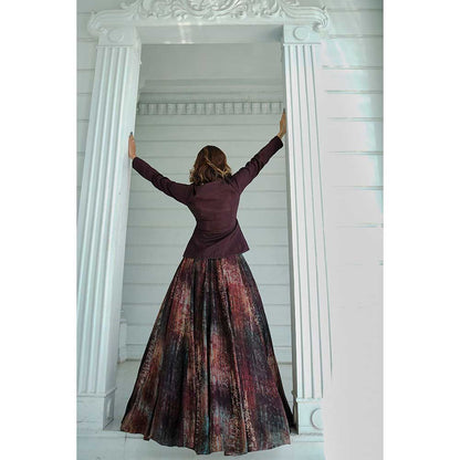 KOSWI Brown Print Embroidered Lehenga with Top and Dupatta (Set of 3)