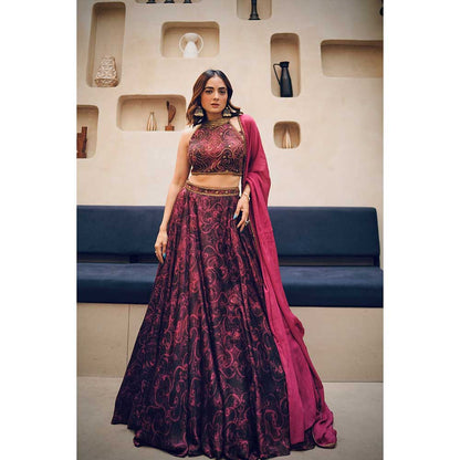 KOSWI Pink Cherry Print Embroidered Lehenga with Blouse and Dupatta (Set of 3)