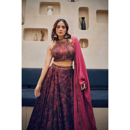 KOSWI Pink Cherry Print Embroidered Lehenga with Blouse and Dupatta (Set of 3)