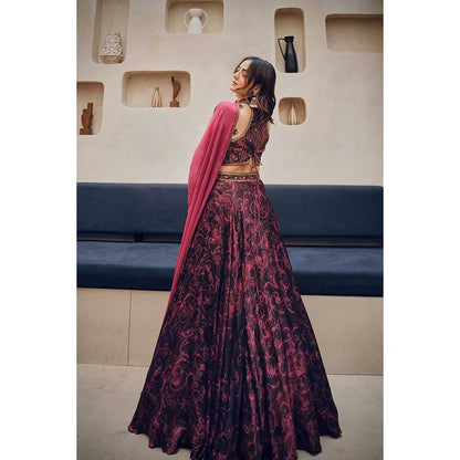 KOSWI Pink Cherry Print Embroidered Lehenga with Blouse and Dupatta (Set of 3)