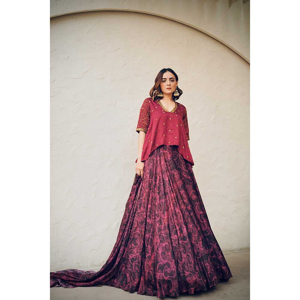 KOSWI Pink Cherry Print Embroidered Lehenga with Top and Dupatta (Set of 3)