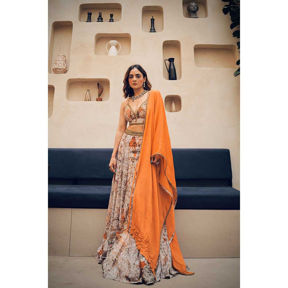 KOSWI Orange Print Embroidered Lehenga with Blouse and Dupatta (Set of 3)