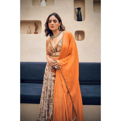 KOSWI Orange Print Embroidered Lehenga with Blouse and Dupatta (Set of 3)