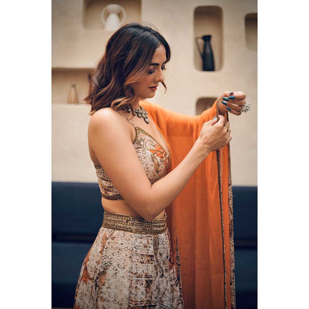 KOSWI Orange Print Embroidered Lehenga with Blouse and Dupatta (Set of 3)