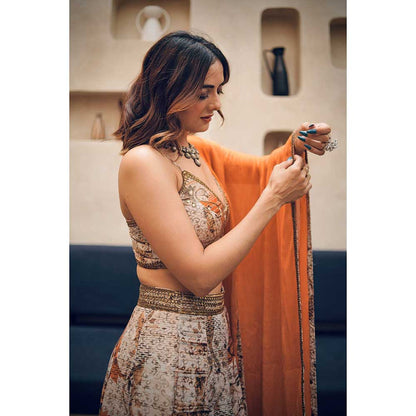 KOSWI Orange Print Embroidered Lehenga with Blouse and Dupatta (Set of 3)