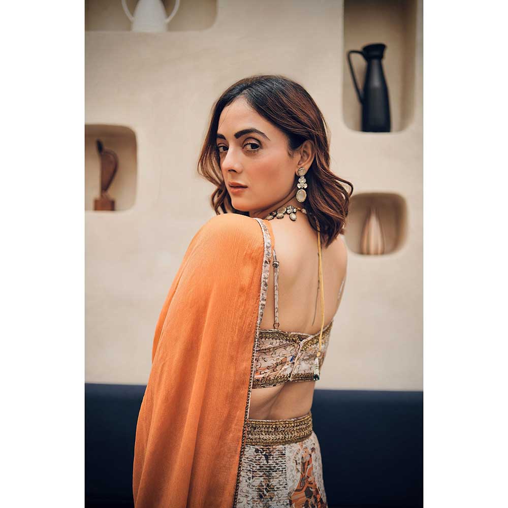 KOSWI Orange Print Embroidered Lehenga with Blouse and Dupatta (Set of 3)