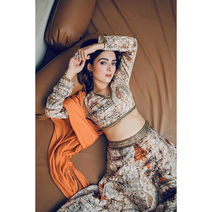 KOSWI Orange Print Embroidered Lehenga with Blouse and Dupatta (Set of 3)