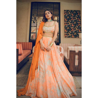 KOSWI Peach Print Embroidered Lehenga with Blouse and Dupatta (Set of 3)