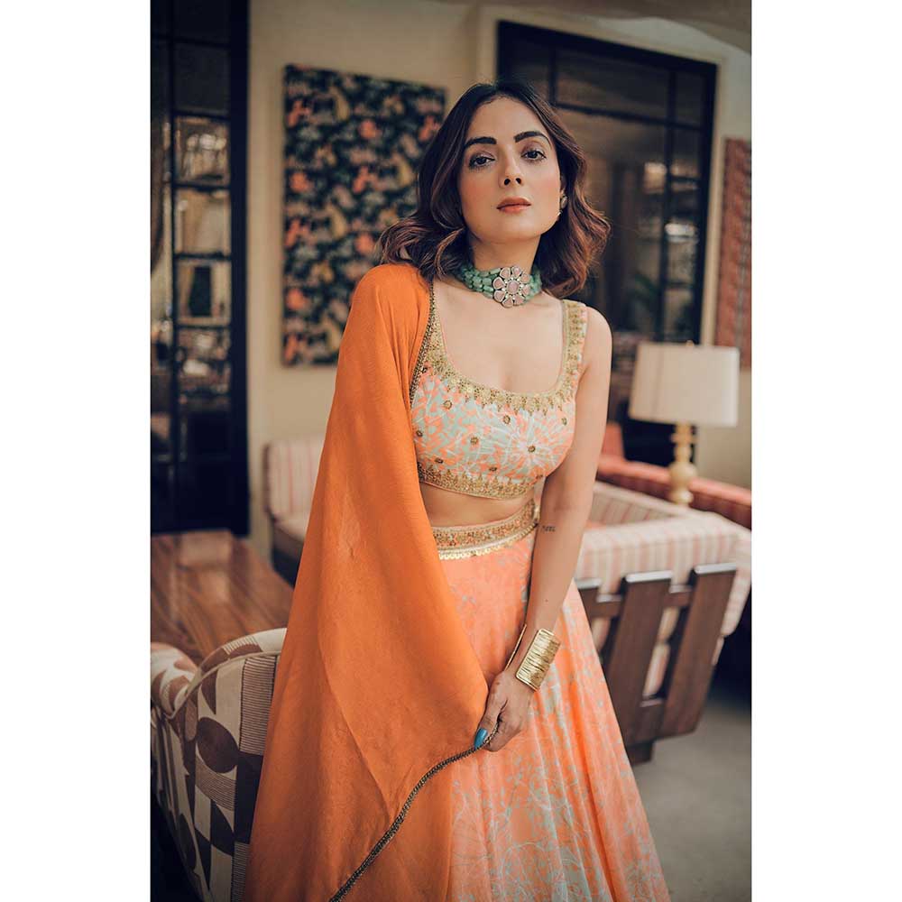 KOSWI Peach Print Embroidered Lehenga with Blouse and Dupatta (Set of 3)