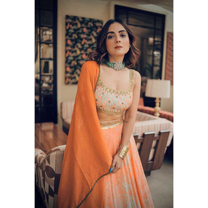 KOSWI Peach Print Embroidered Lehenga with Blouse and Dupatta (Set of 3)