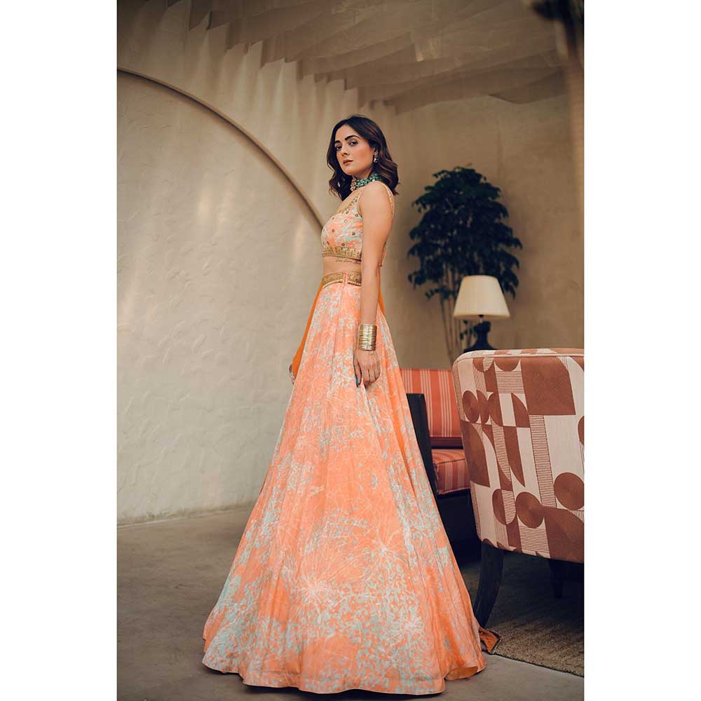 KOSWI Peach Print Embroidered Lehenga with Blouse and Dupatta (Set of 3)