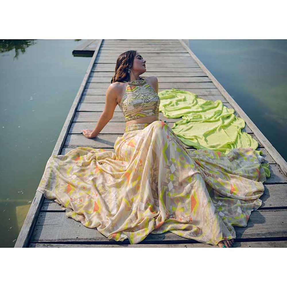 KOSWI Lime Green Embroidered Print Lehenga with Blouse and Dupatta (Set of 3)