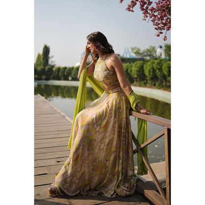 KOSWI Lime Green Embroidered Print Lehenga with Blouse and Dupatta (Set of 3)