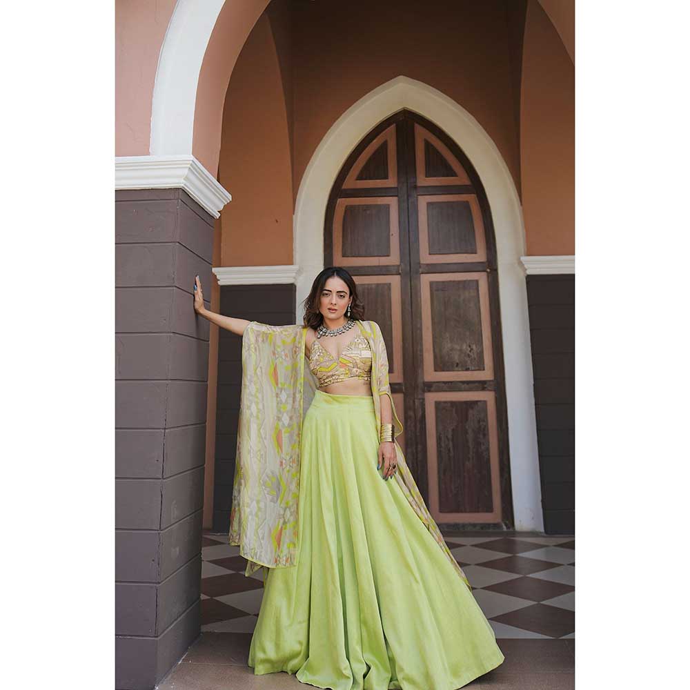 KOSWI Lime Green Embroidered Print Lehenga with Blouse and Cape (Set of 3)