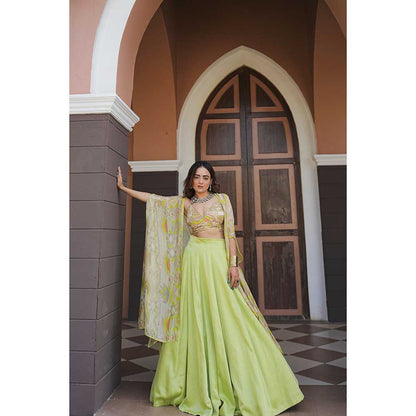 KOSWI Lime Green Embroidered Print Lehenga with Blouse and Cape (Set of 3)