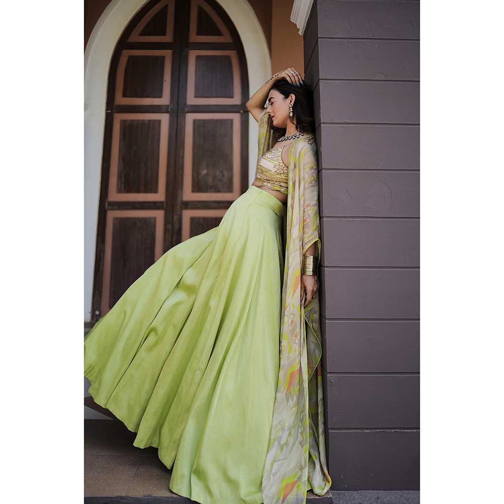 KOSWI Lime Green Embroidered Print Lehenga with Blouse and Cape (Set of 3)