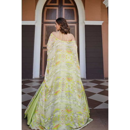 KOSWI Lime Green Embroidered Print Lehenga with Blouse and Cape (Set of 3)