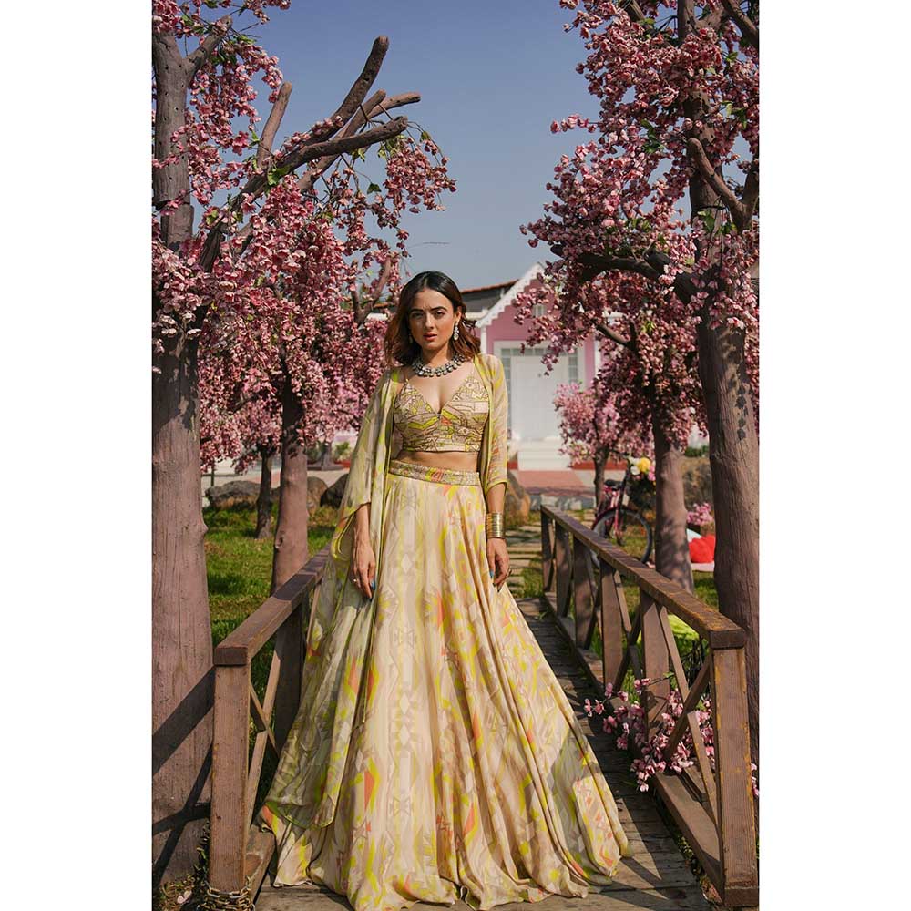 KOSWI Lime Green Embroidered Print Lehenga with Blouse and Cape (Set of 3)