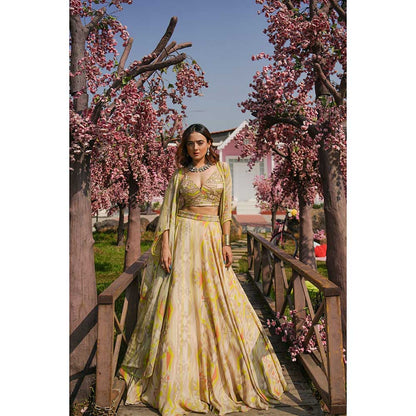 KOSWI Lime Green Embroidered Print Lehenga with Blouse and Cape (Set of 3)