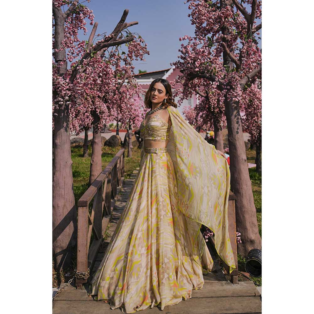 KOSWI Lime Green Embroidered Print Lehenga with Blouse and Cape (Set of 3)