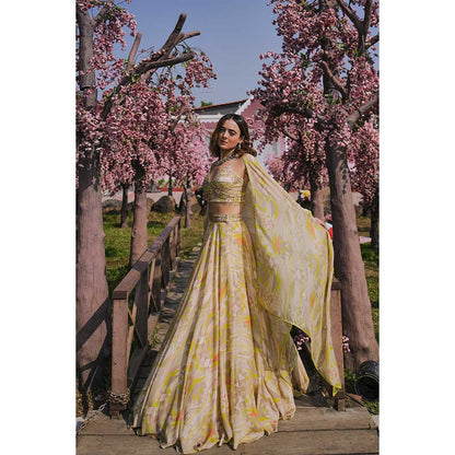 KOSWI Lime Green Embroidered Print Lehenga with Blouse and Cape (Set of 3)