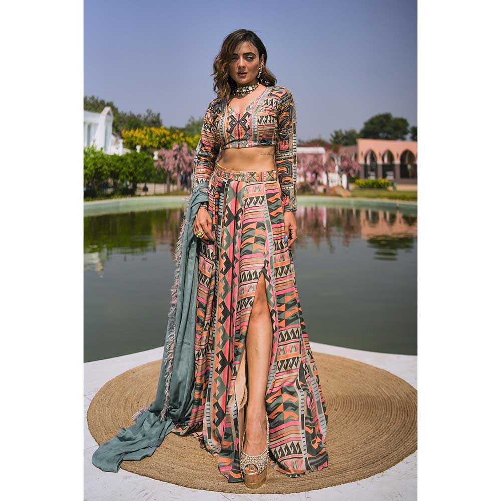 KOSWI Multi Coloured Print Embroidered Lehenga with Blouse and Dupatta (Set of 3)