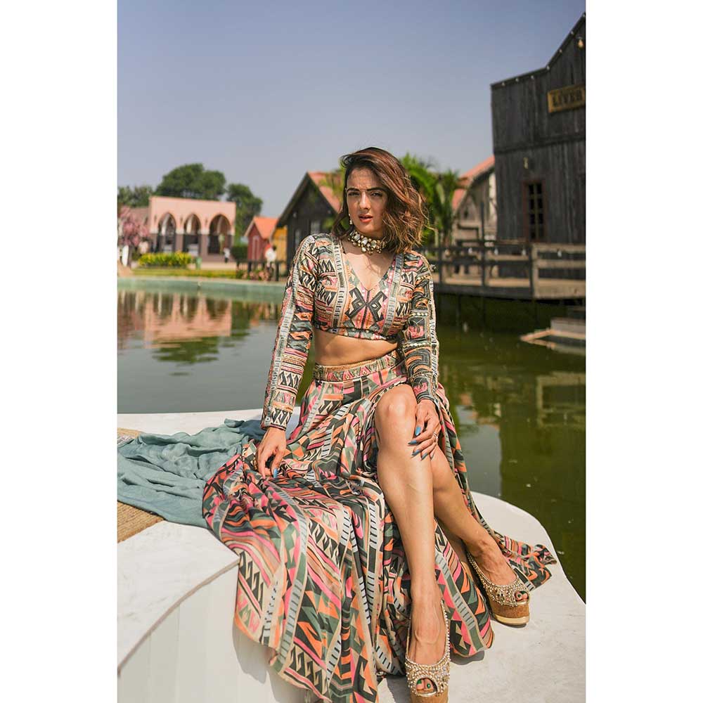 KOSWI Multi Coloured Print Embroidered Lehenga with Blouse and Dupatta (Set of 3)