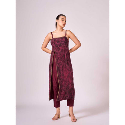 KOSWI Burgundy Cherry Abstract Print Kurta with Pant (Set of 2)