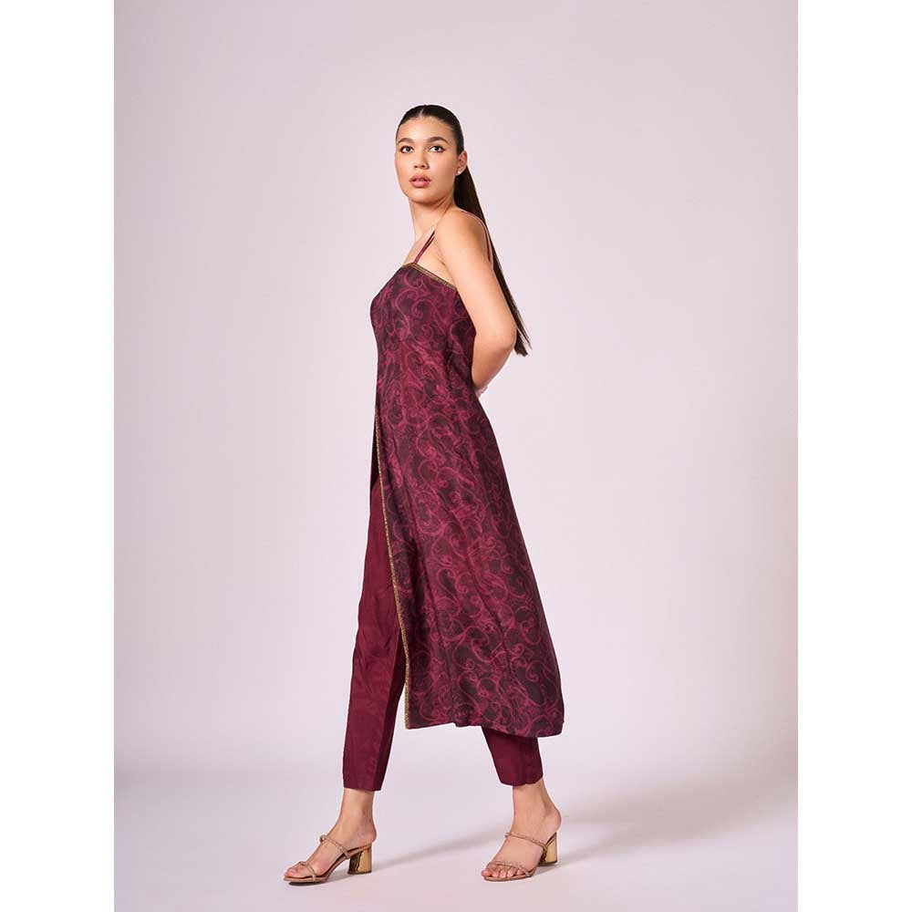 KOSWI Burgundy Cherry Abstract Print Kurta with Pant (Set of 2)